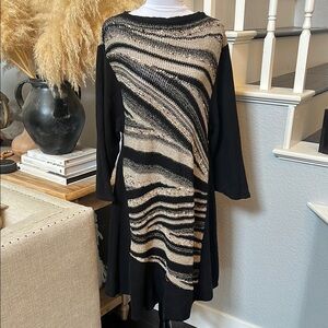 Scala Vintage Abstract Long Sleeve Linen Blend Midi Dress Size Large